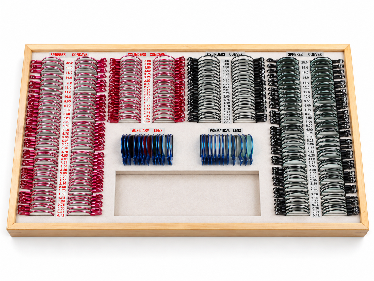 TLC-266 Series trial lens set with color-coded spherical, cylindrical, prism and auxiliary lenses