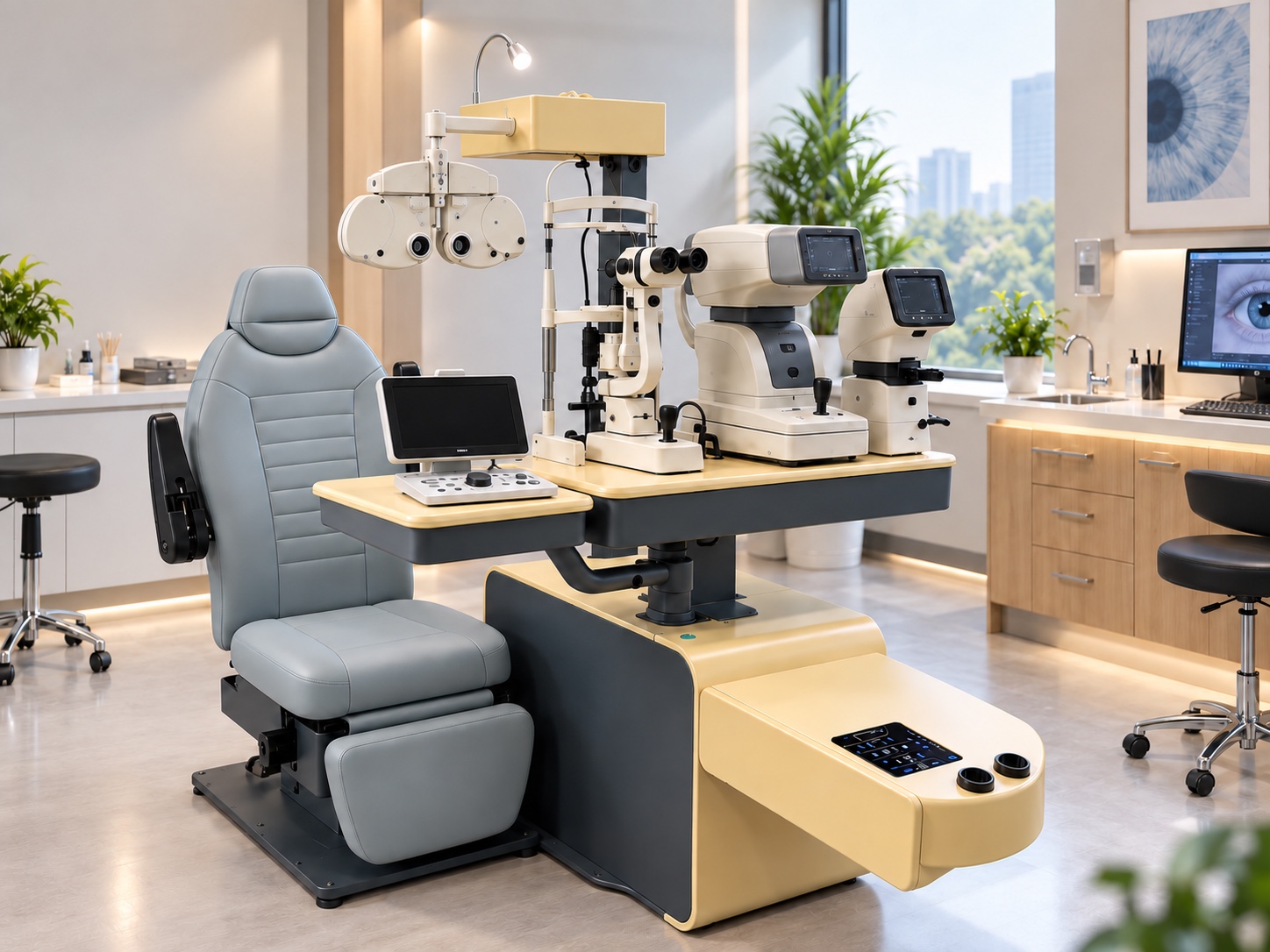 AST-3000 optometry unit in an illustrative ophthalmic examination room