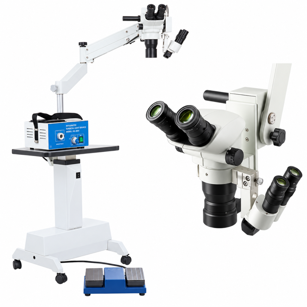 SM-2000J portable ophthalmic surgical microscope with table clamp, travel case and foot control