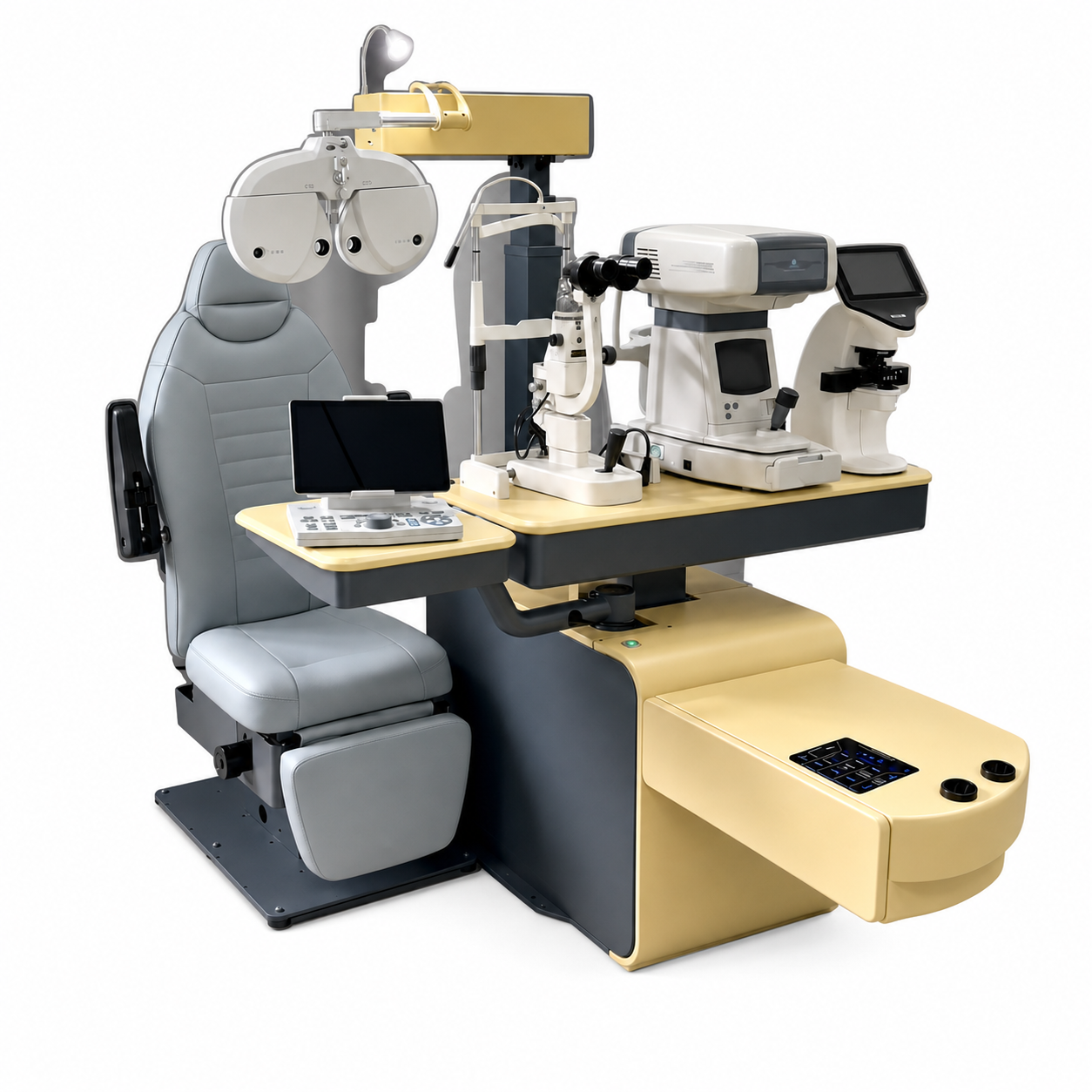 Complete refraction room equipment setup with optometry unit and examination instruments