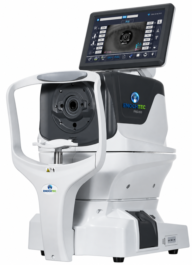 FRS-810 autorefractor keratometer with axial length measurement, ENOCHTEC front three-quarter view
