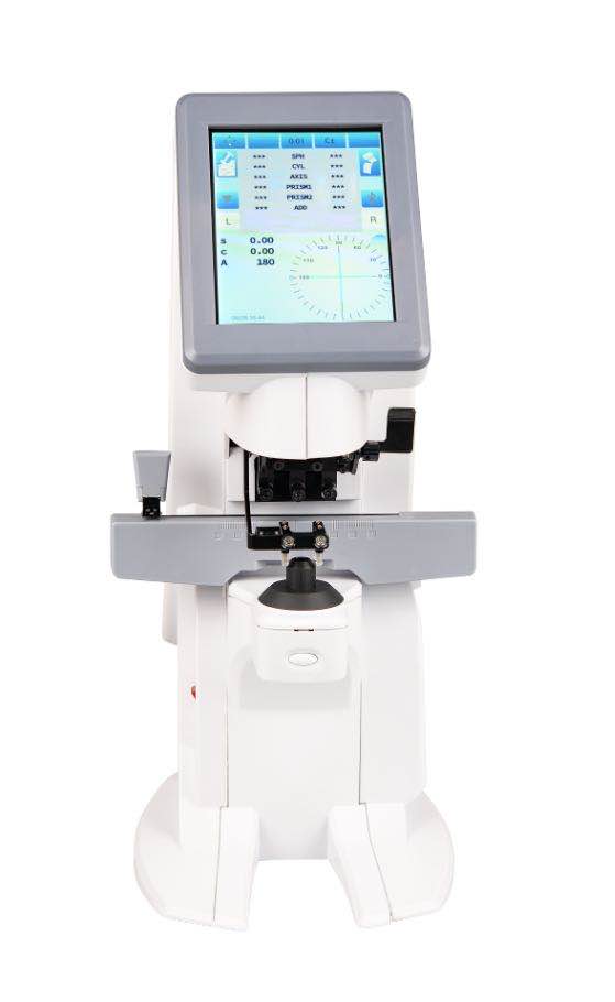 HV-300 automatic lensmeter front view with measurement screen and lens support