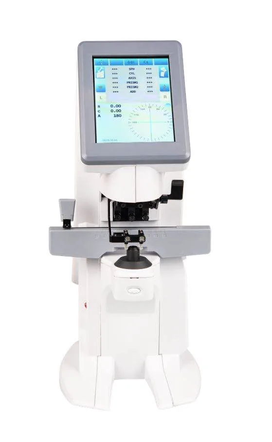 HV-300 automatic lensmeter front view with measurement screen and lens support