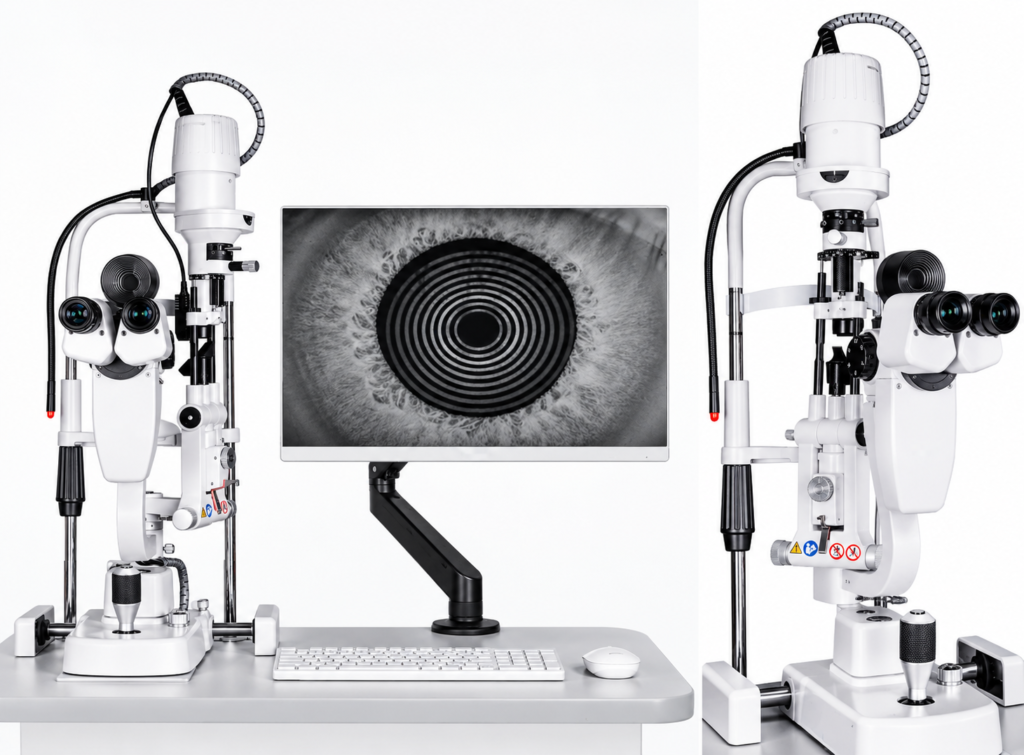 SLR-3000 dry eye analyzer slit lamp shown with a Placido ring image on a monitor