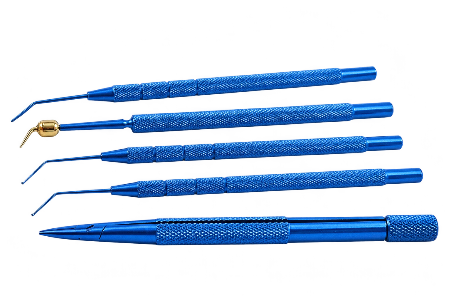 Instrumente mit blauem Griff für Iris, Linsenpositionierung, Kauterisation und Klingenaufnahme