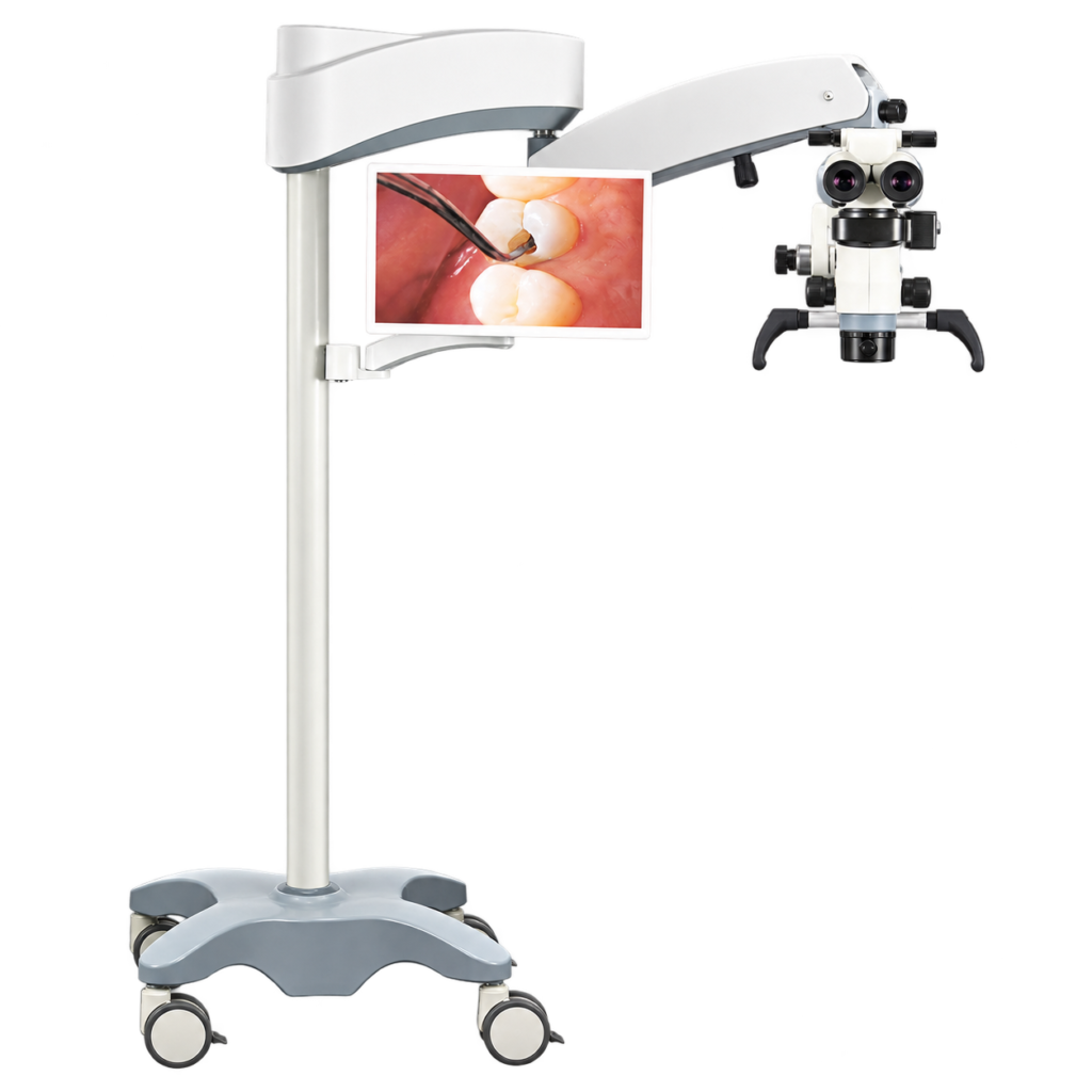 EM-300 floor-standing surgical microscope with illustrative display configuration